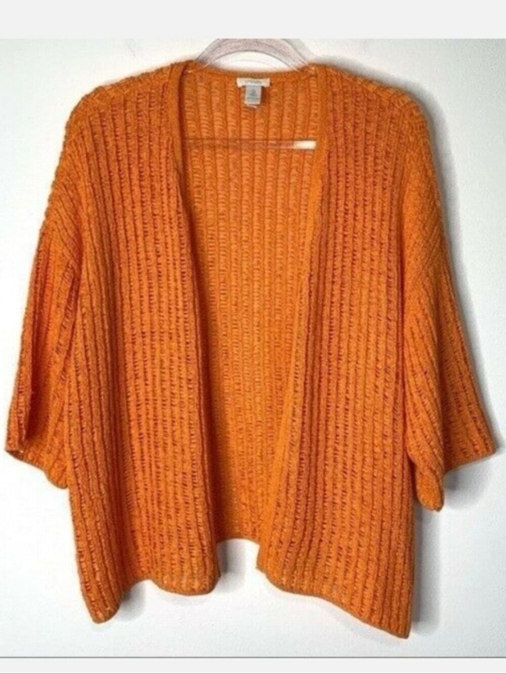 Chico’s Orange Short Sleeve Open Knit Ribbed Cardigan Sweater Women's Size 8 EUC
